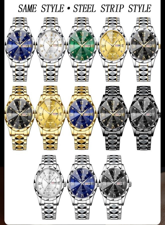 Gosasa Luxury Men's and Women's Business Diamond Stainless Steel Waterproof Roman Numeral Analog Quartz Watch with Day-Date Calendar, Gold and Silver Tone (All Gold, Men) - Image 5